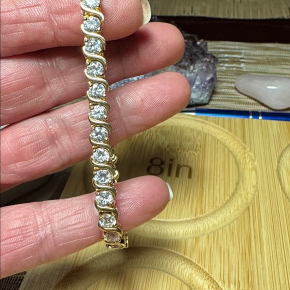 S Tennis CZ Gold over 925 Sterling Silver Bracelet - Picture 14 of 17